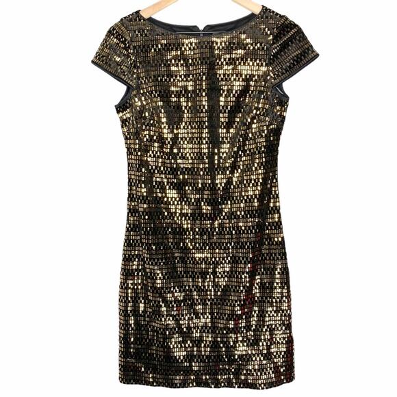 NWT Vince Camuto Black Gold Sequin Sheath Dress 6 Cap Sleeve Cocktail Party - Picture 1 of 6